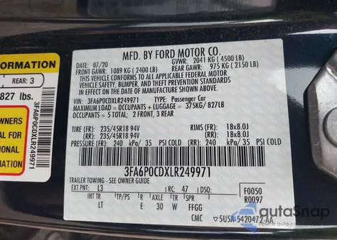 2020 Ford Fusion Sel z USA, uszkodzony, nr VIN 3FA6P0CDXLR249971